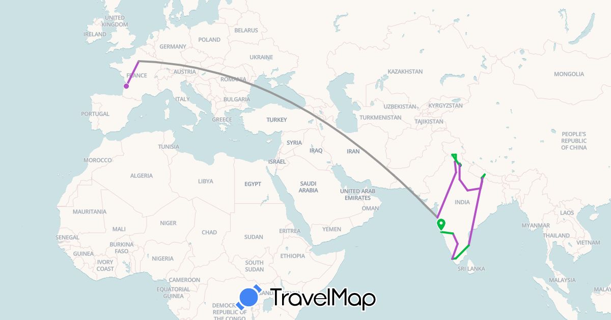 TravelMap itinerary: driving, bus, plane, train in France, India, Nepal (Asia, Europe)