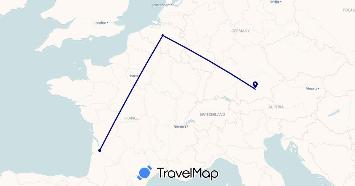 TravelMap itinerary: driving in Belgium, Germany, France (Europe)
